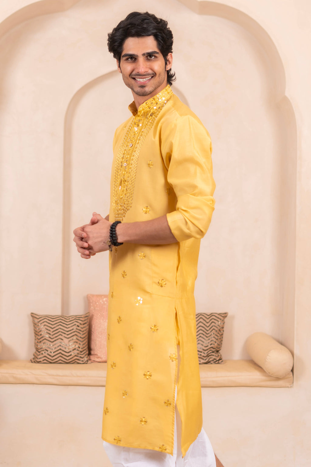 The Yellow Long Kurta with Classic Embroidery and Sequins Work