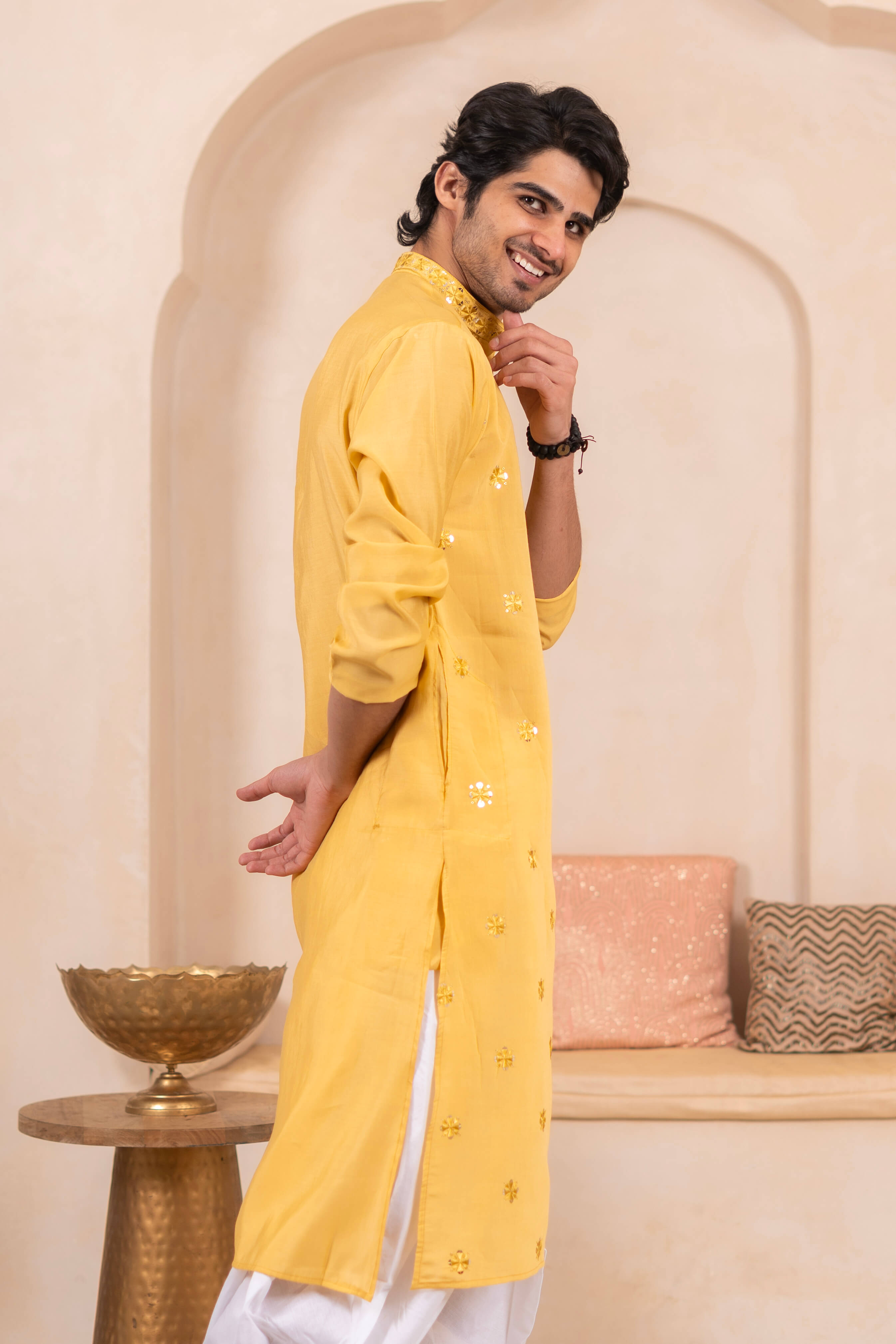 The Yellow Long Kurta with Classic Embroidery and Sequins Work