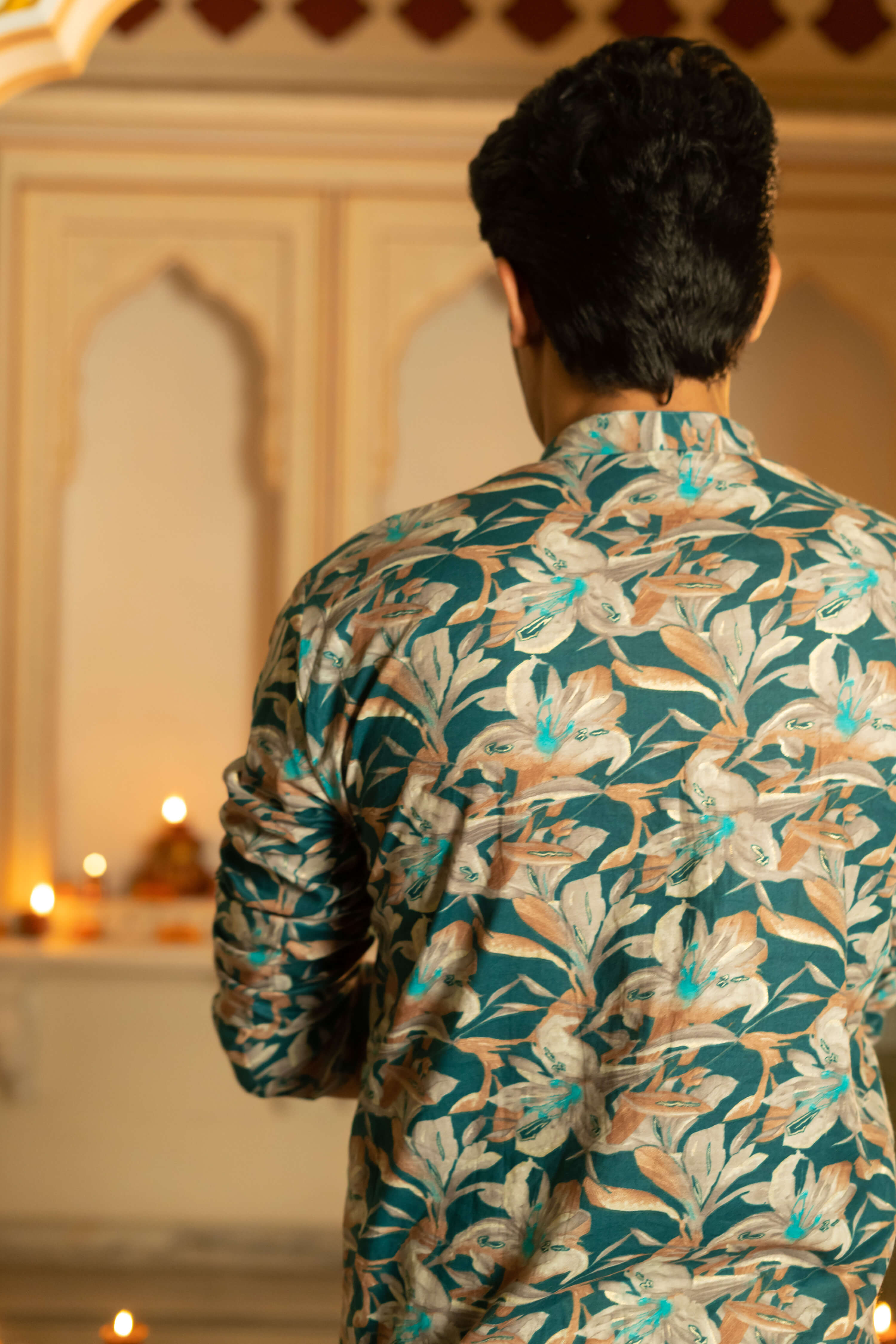 The Dark Green All-Over Floral Foil Print Long Kurta