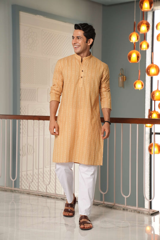 The Mustard Color Long Kurta With Striped Floral Print