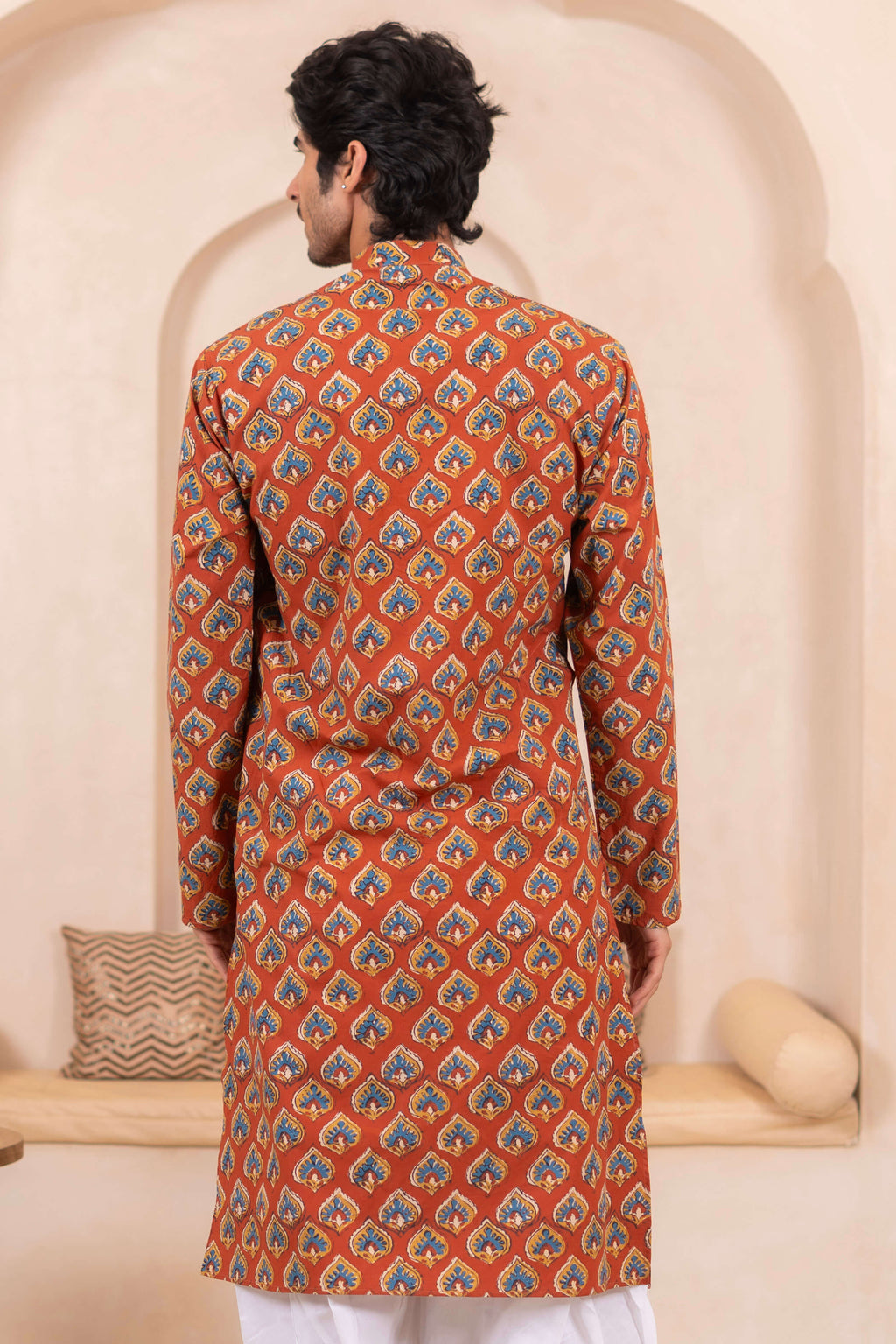 The Red Long Kurta for Men With Traditional Butti Print
