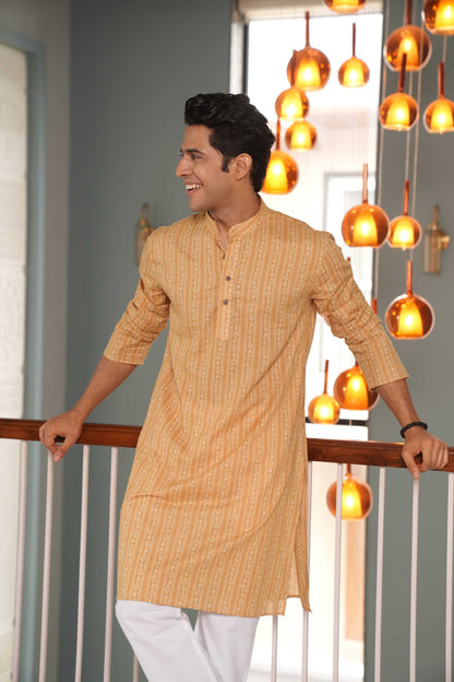 The Mustard Color Long Kurta With Striped Floral Print
