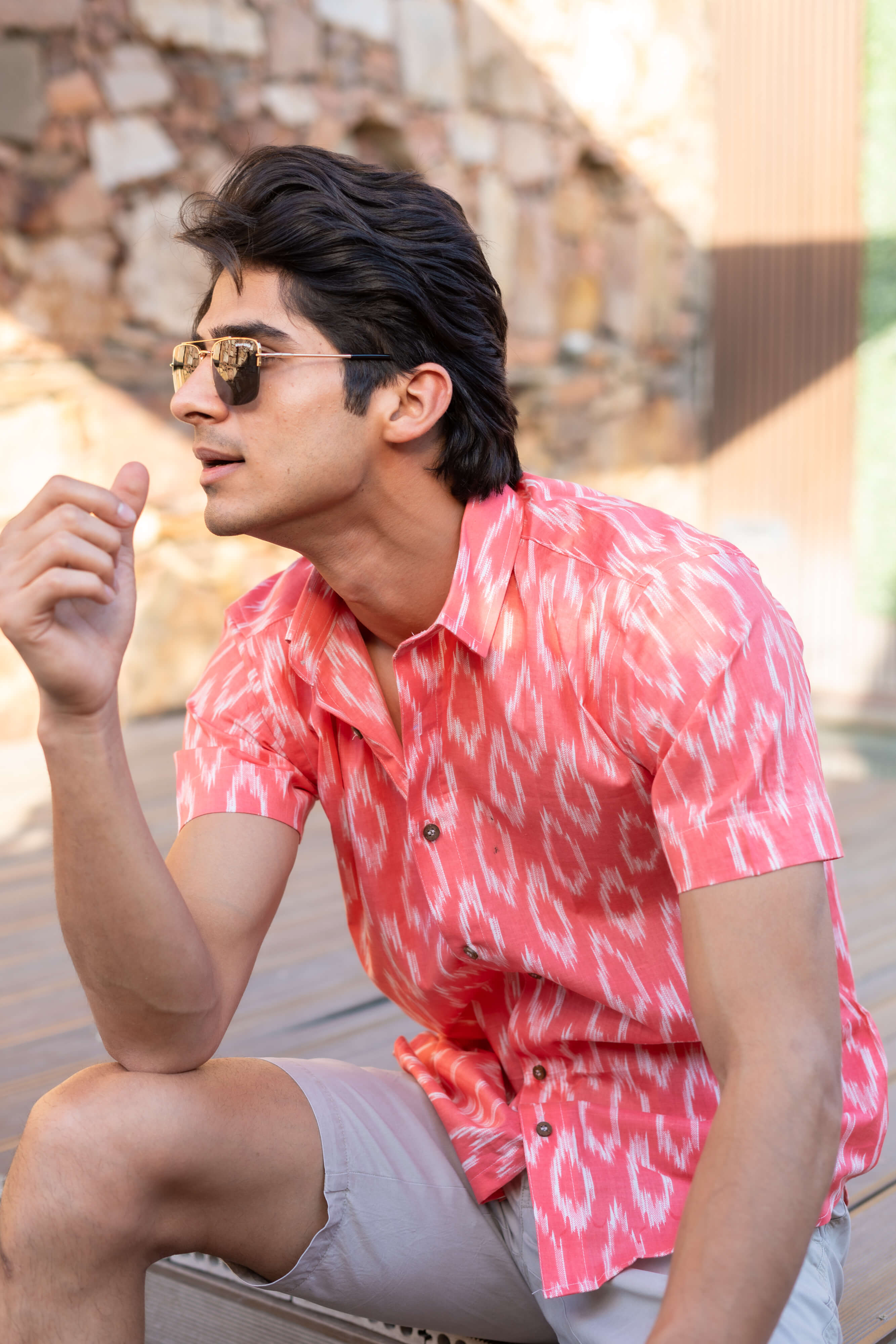 The Pink Half Sleeves Shirt With Ikat Print
