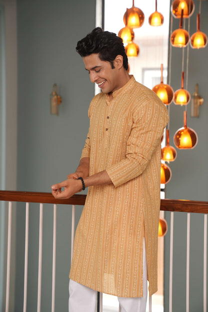 The Mustard Color Long Kurta With Striped Floral Print
