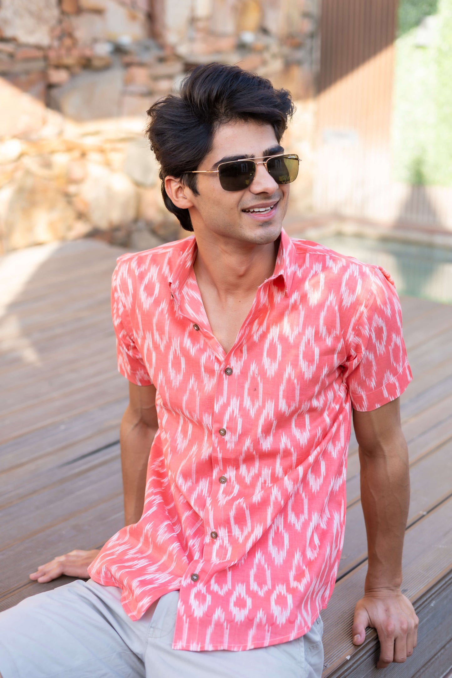The Pink Half Sleeves Shirt With Ikat Print
