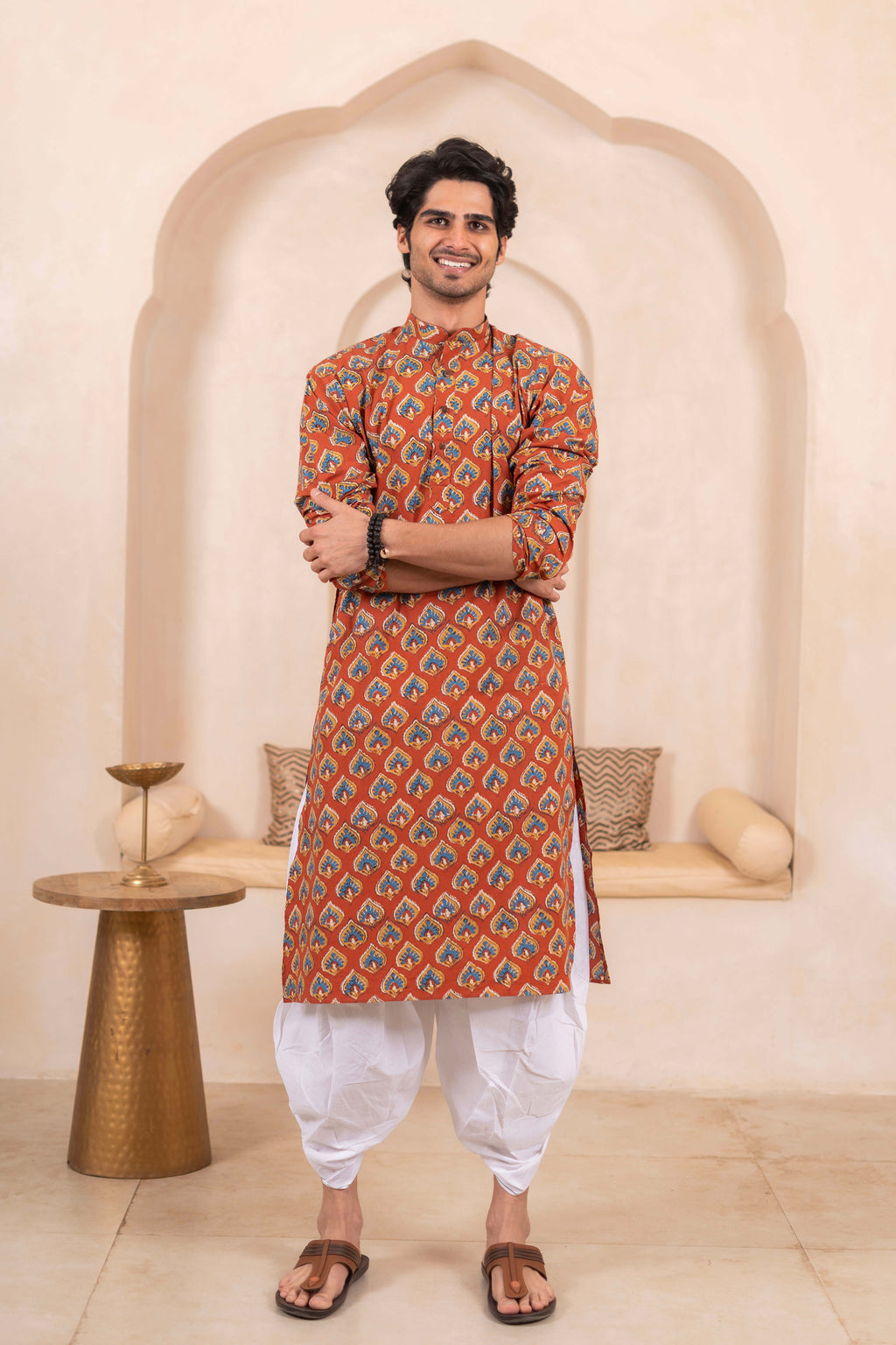 The Red Long Kurta for Men With Traditional Butti Print