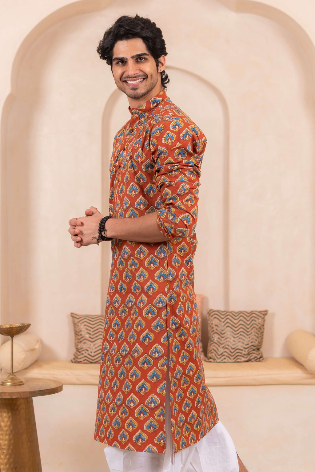 The Red Long Kurta for Men With Traditional Butti Print