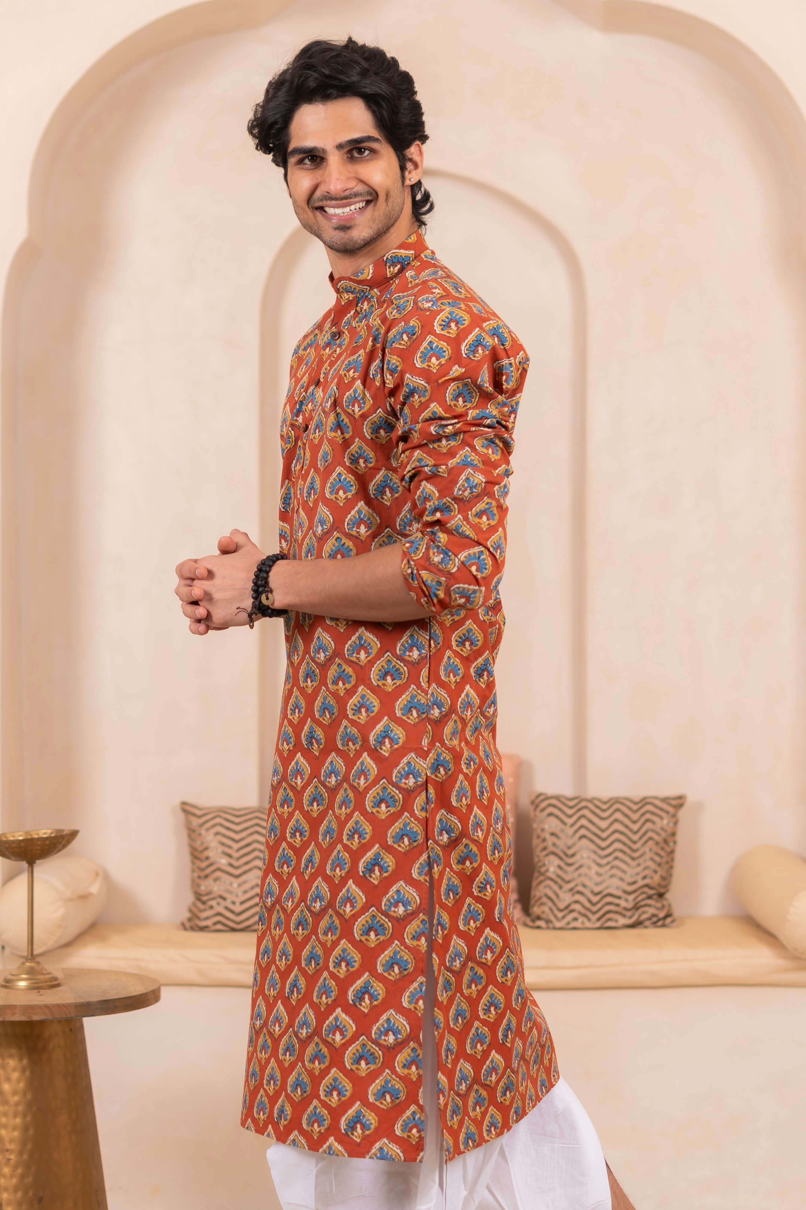 The Red Long Kurta for Men With Traditional Butti Print