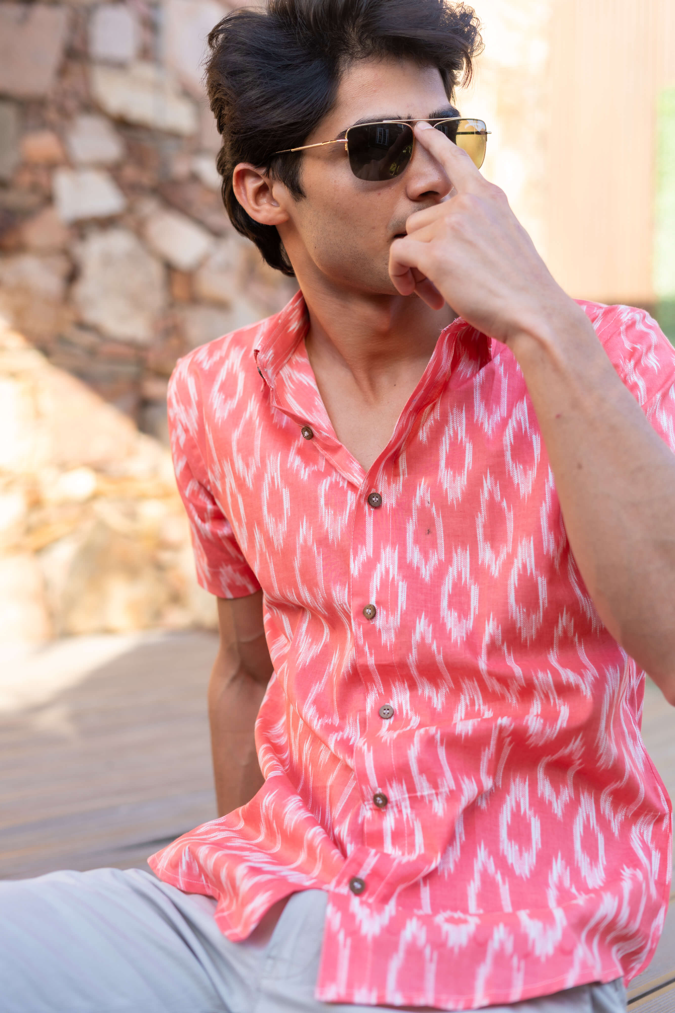 The Pink Half Sleeves Shirt With Ikat Print