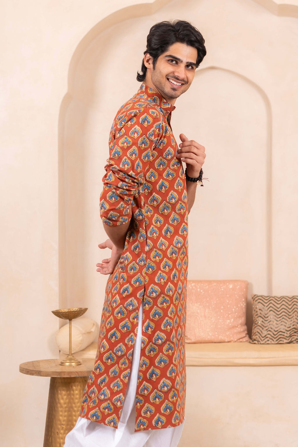 The Red Long Kurta for Men With Traditional Butti Print