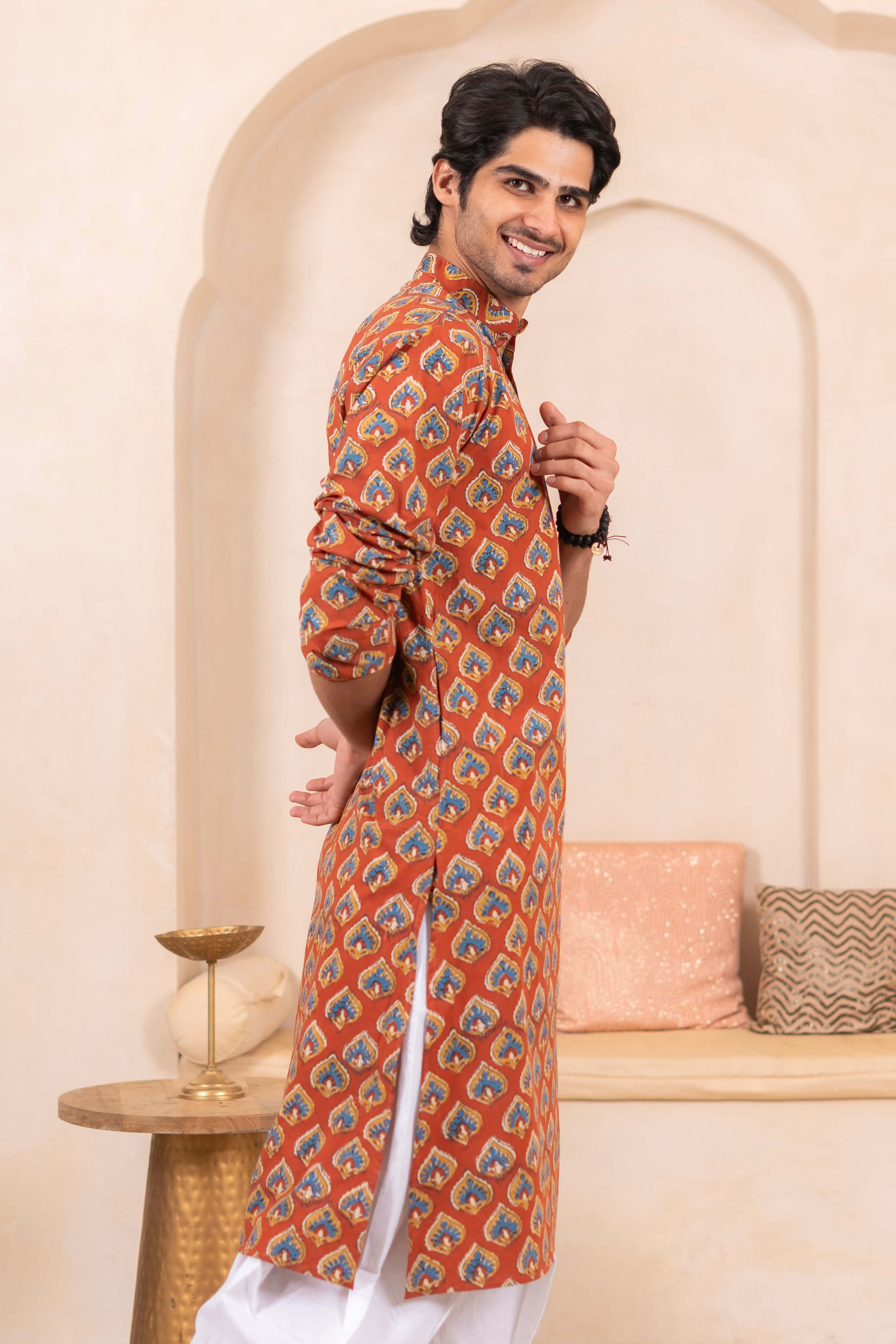 The Red Long Kurta for Men With Traditional Butti Print