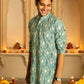 The Muslin Off-White And Teal Floral Foil Print Long Kurta