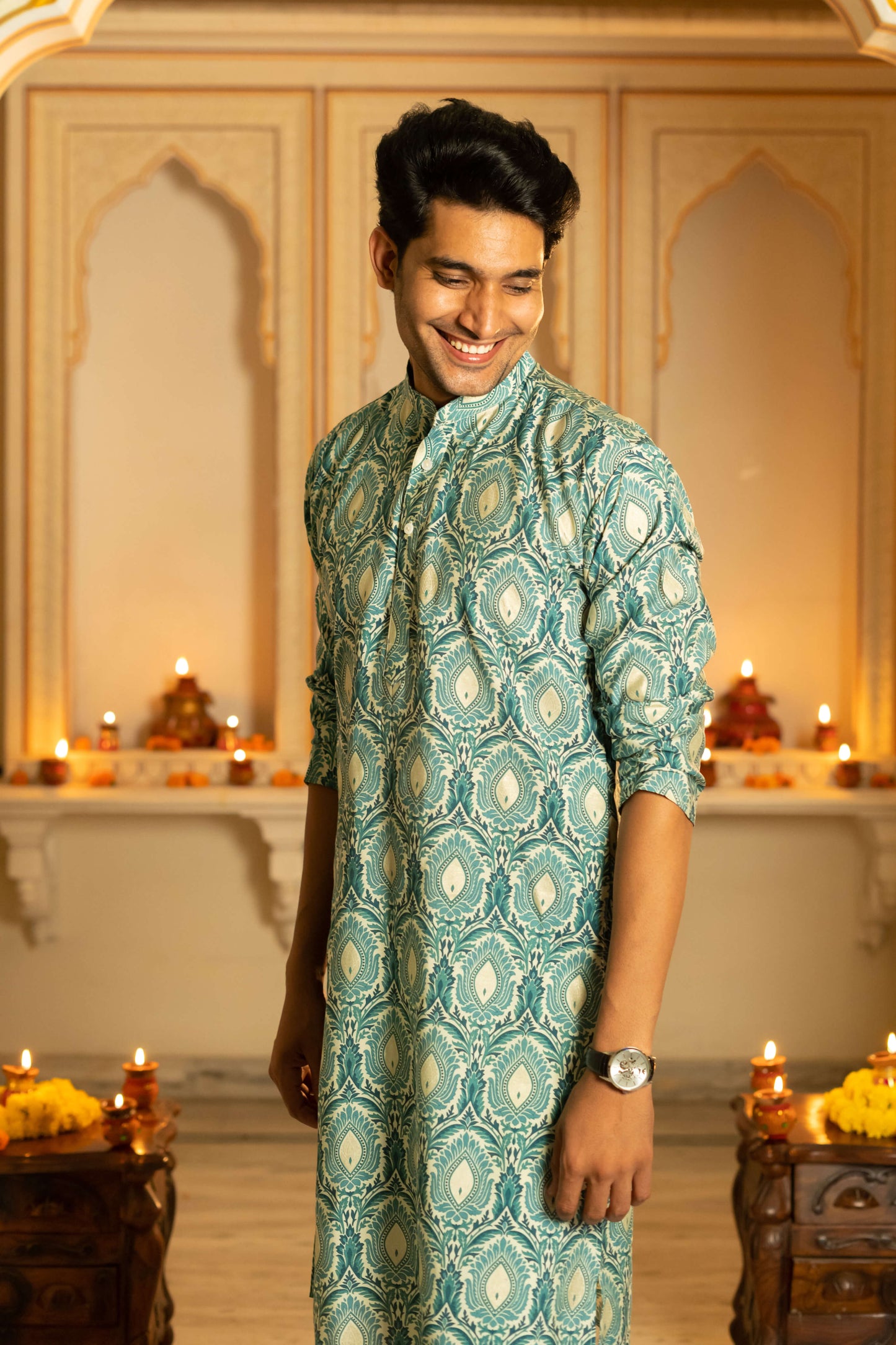 The Muslin Off-White And Teal Floral Foil Print Long Kurta
