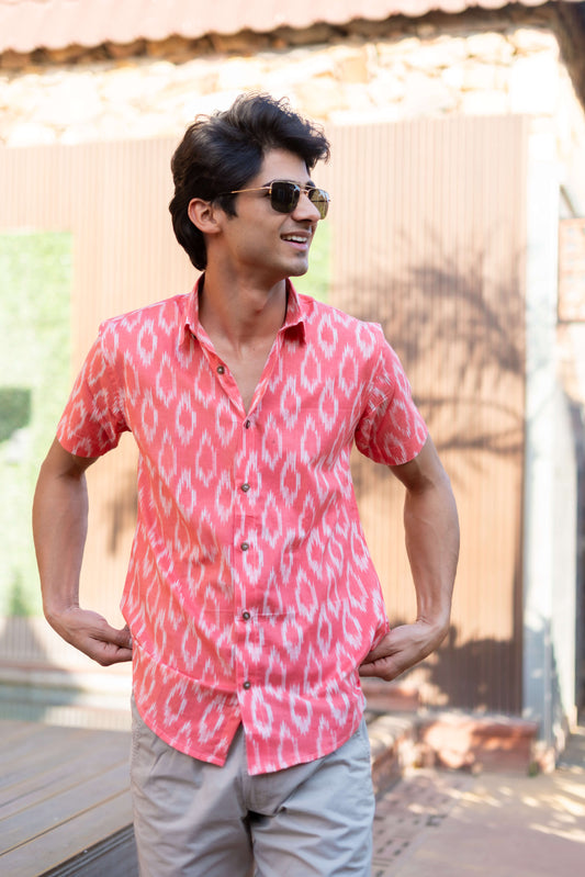 The Pink Half Sleeves Shirt With Ikat Print