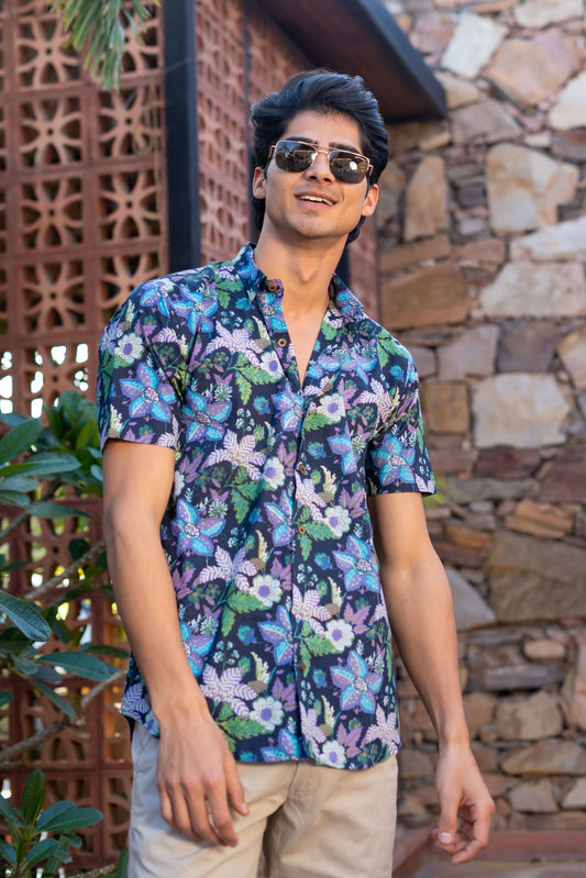 The Navy Blue Half Sleeves Shirt With Floral Beach Print
