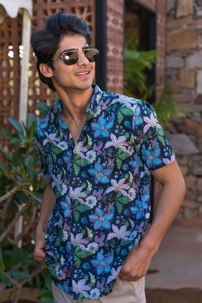 The Navy Blue Half Sleeves Shirt With Floral Beach Print