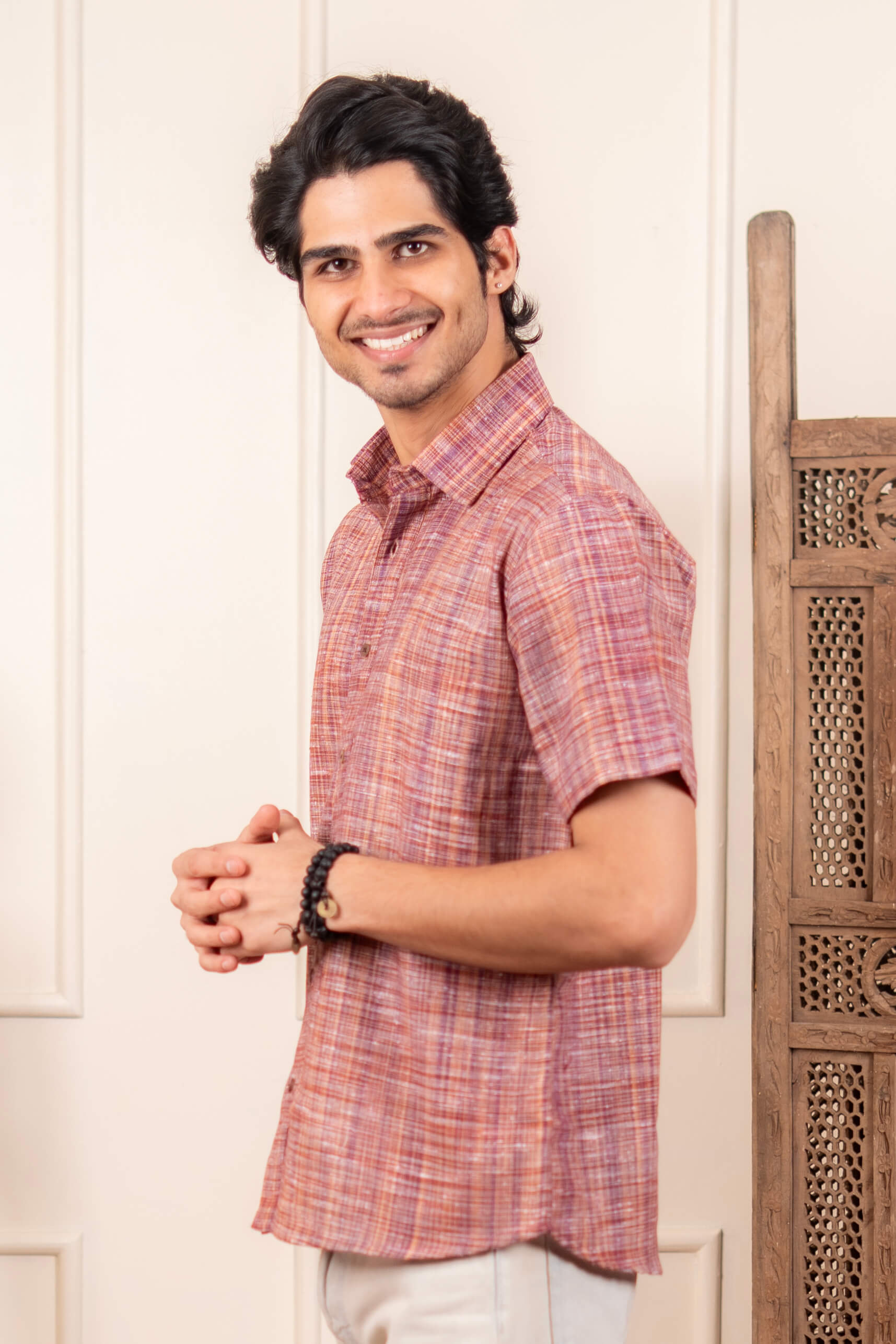 The Rustic Handwoven Half Sleeves Shirt in Reddish Grey and Light Brown Color