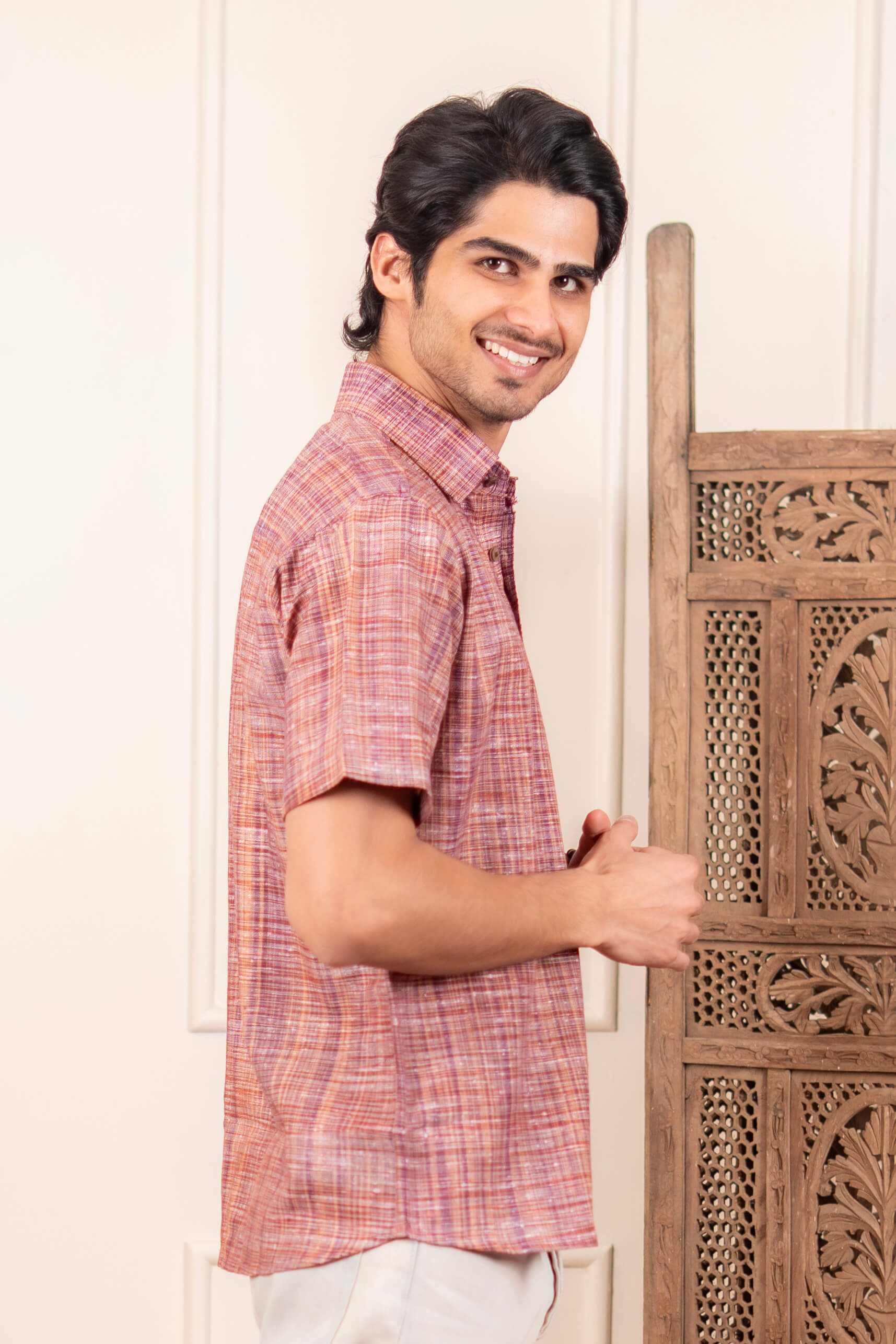 The Rustic Handwoven Half Sleeves Shirt in Reddish Grey and Light Brown Color