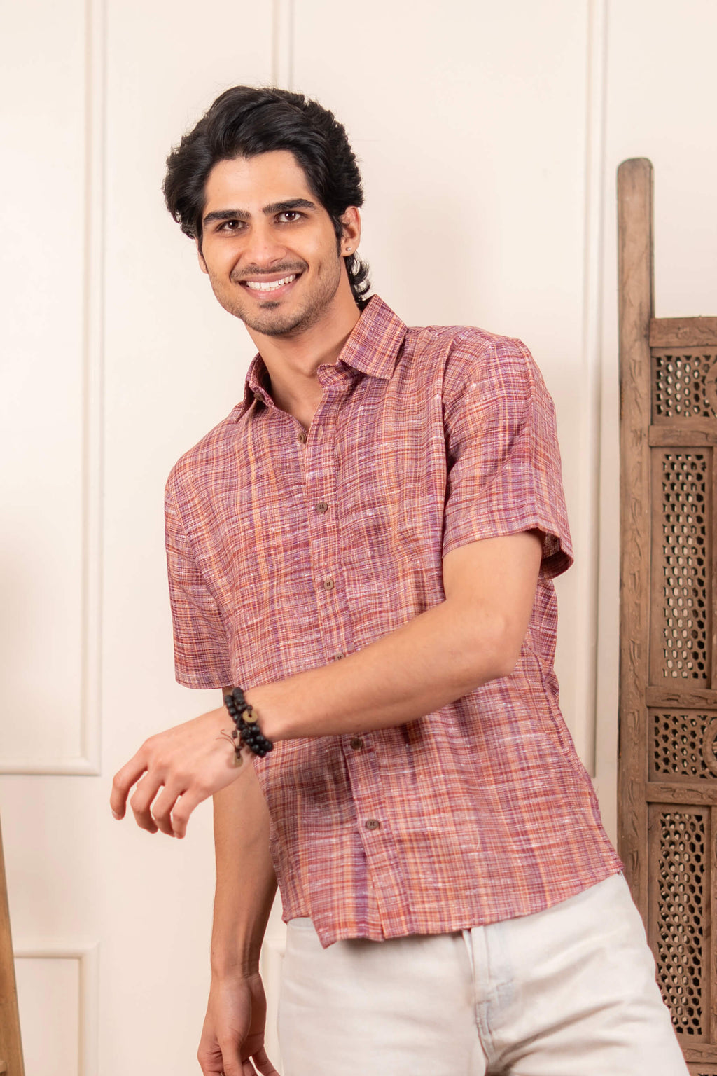 The Rustic Handwoven Half Sleeves Shirt in Reddish Grey and Light Brown Color