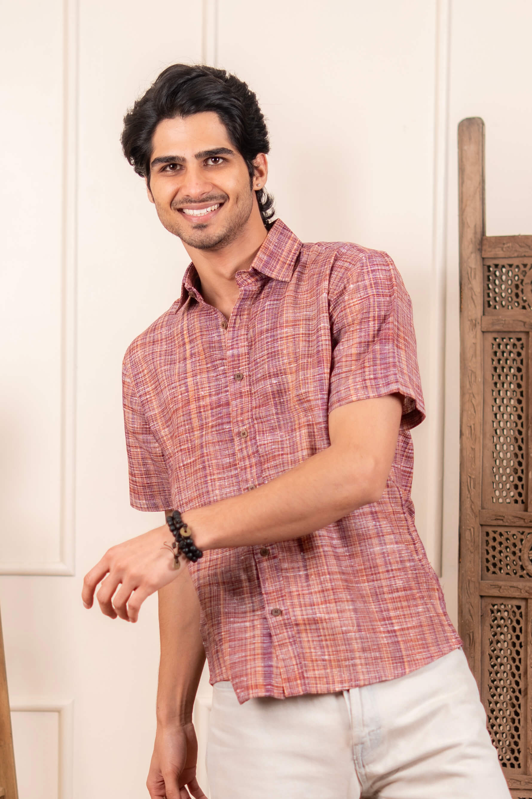 The Rustic Handwoven Half Sleeves Shirt in Reddish Grey and Light Brown Color