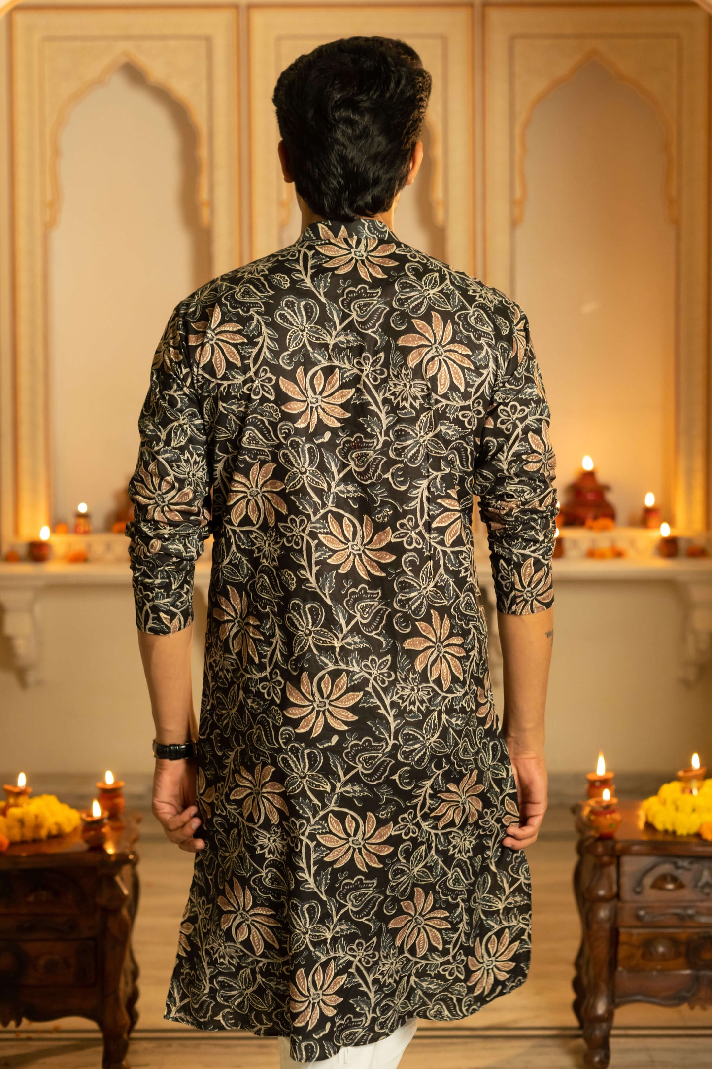 The Black Long Kurta With Brown Floral Foil Print