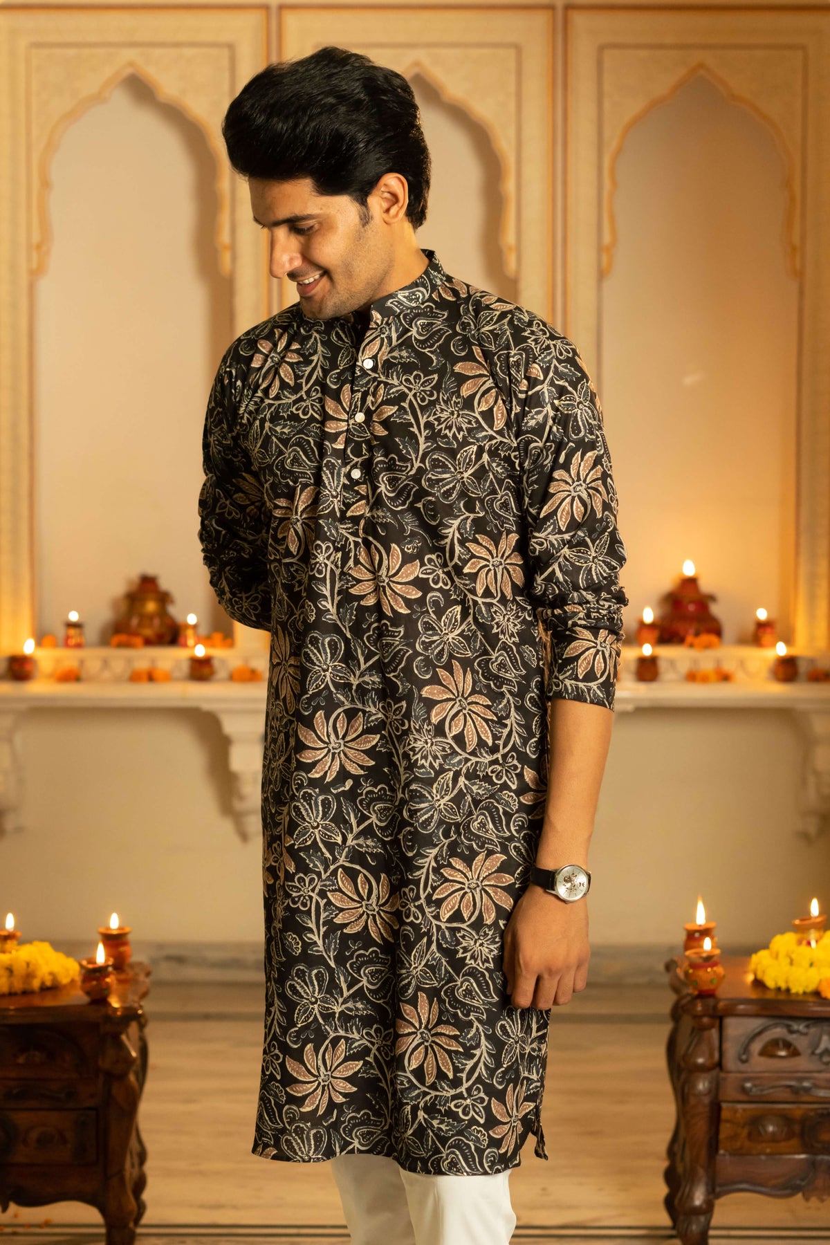 The Black Long Kurta With Brown Floral Foil Print
