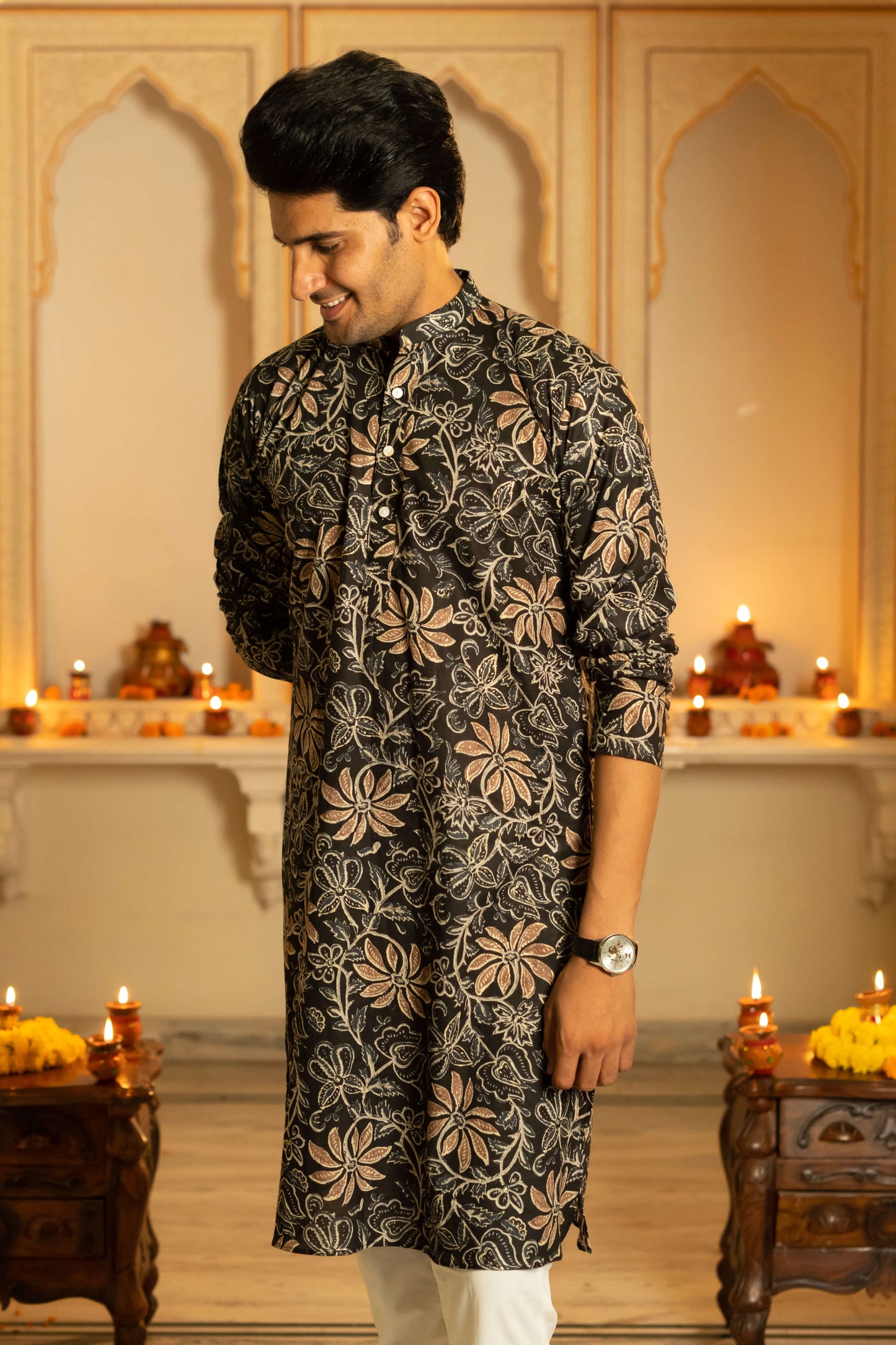 The Black Long Kurta With Brown Floral Foil Print