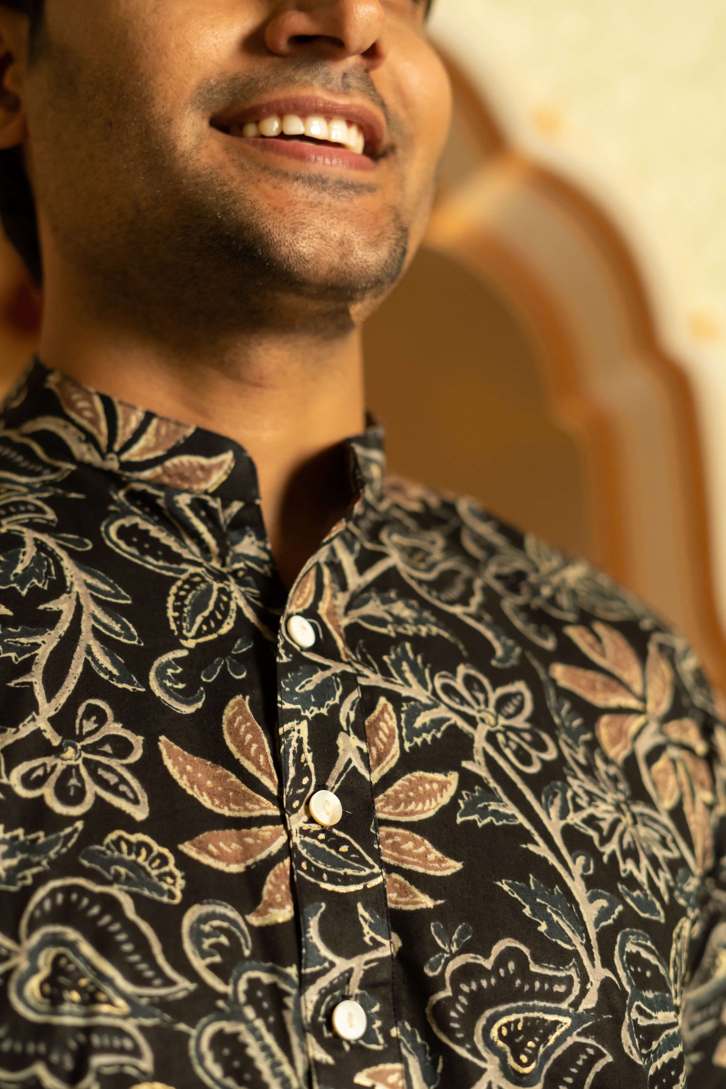 The Black Long Kurta With Brown Floral Foil Print
