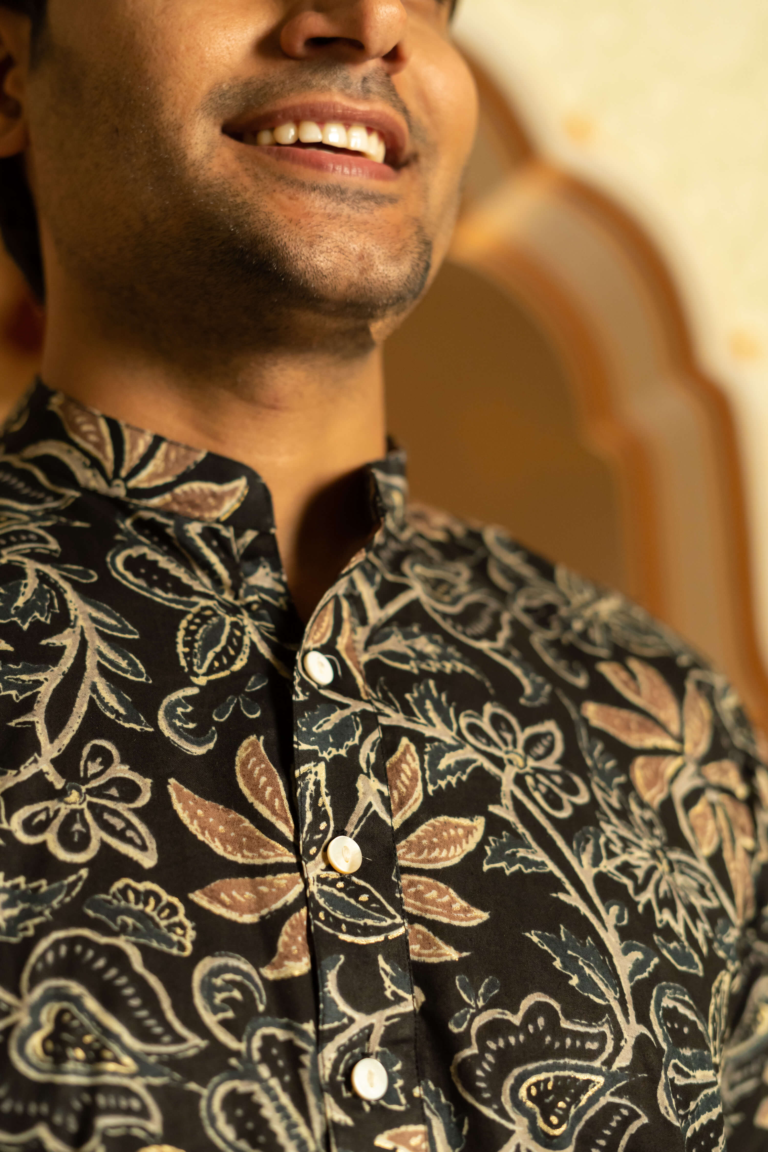 The Black Long Kurta With Brown Floral Foil Print