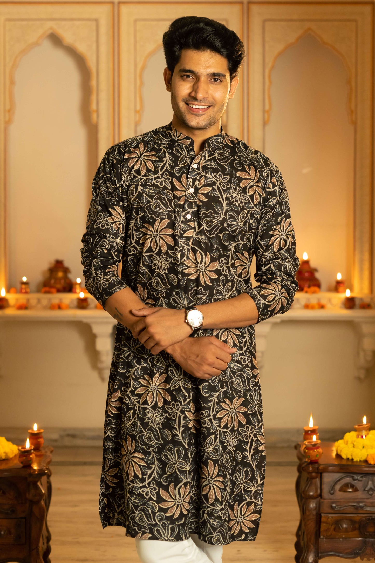 The Black Long Kurta With Brown Floral Foil Print