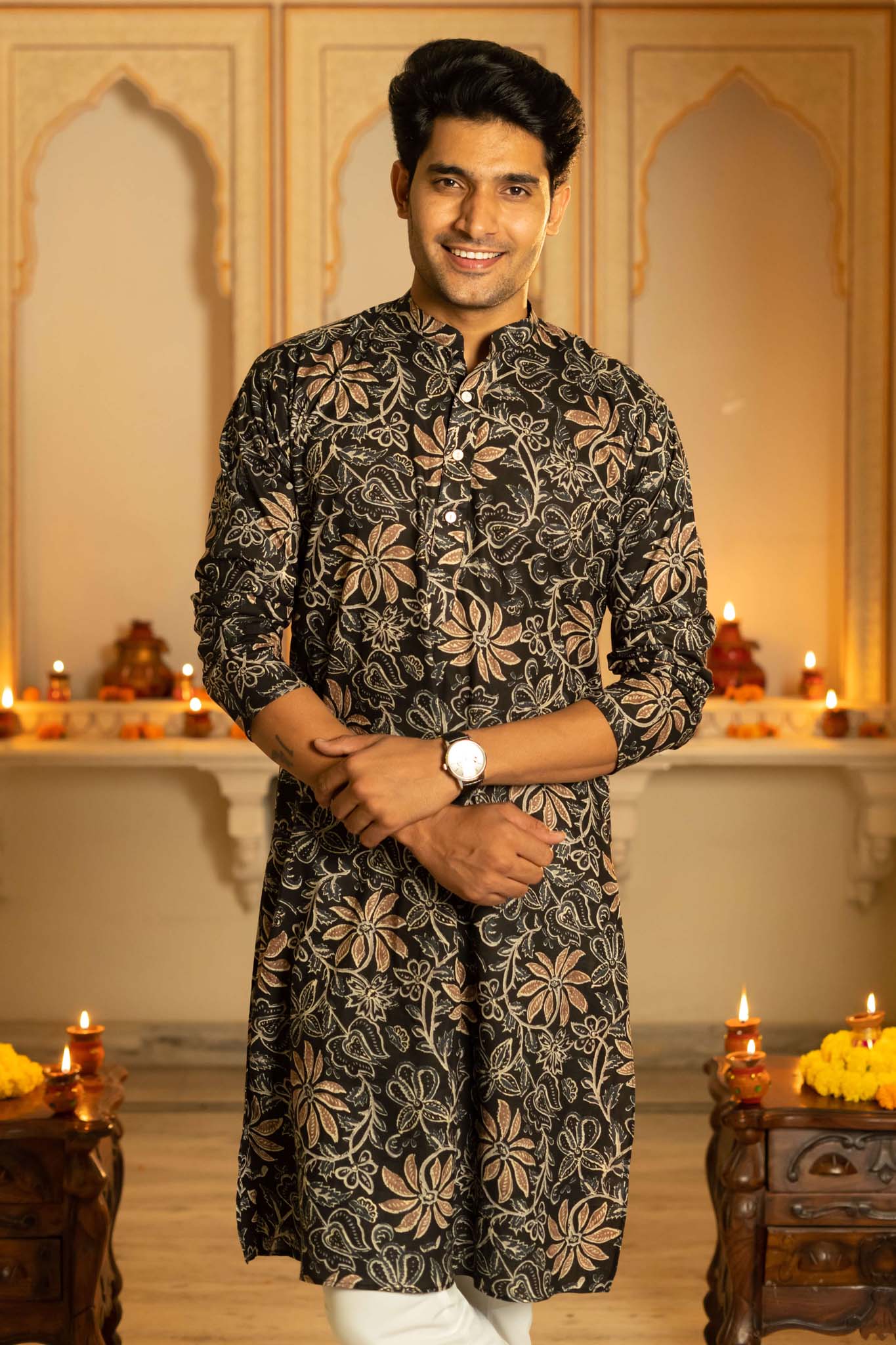 The Black Long Kurta With Brown Floral Foil Print