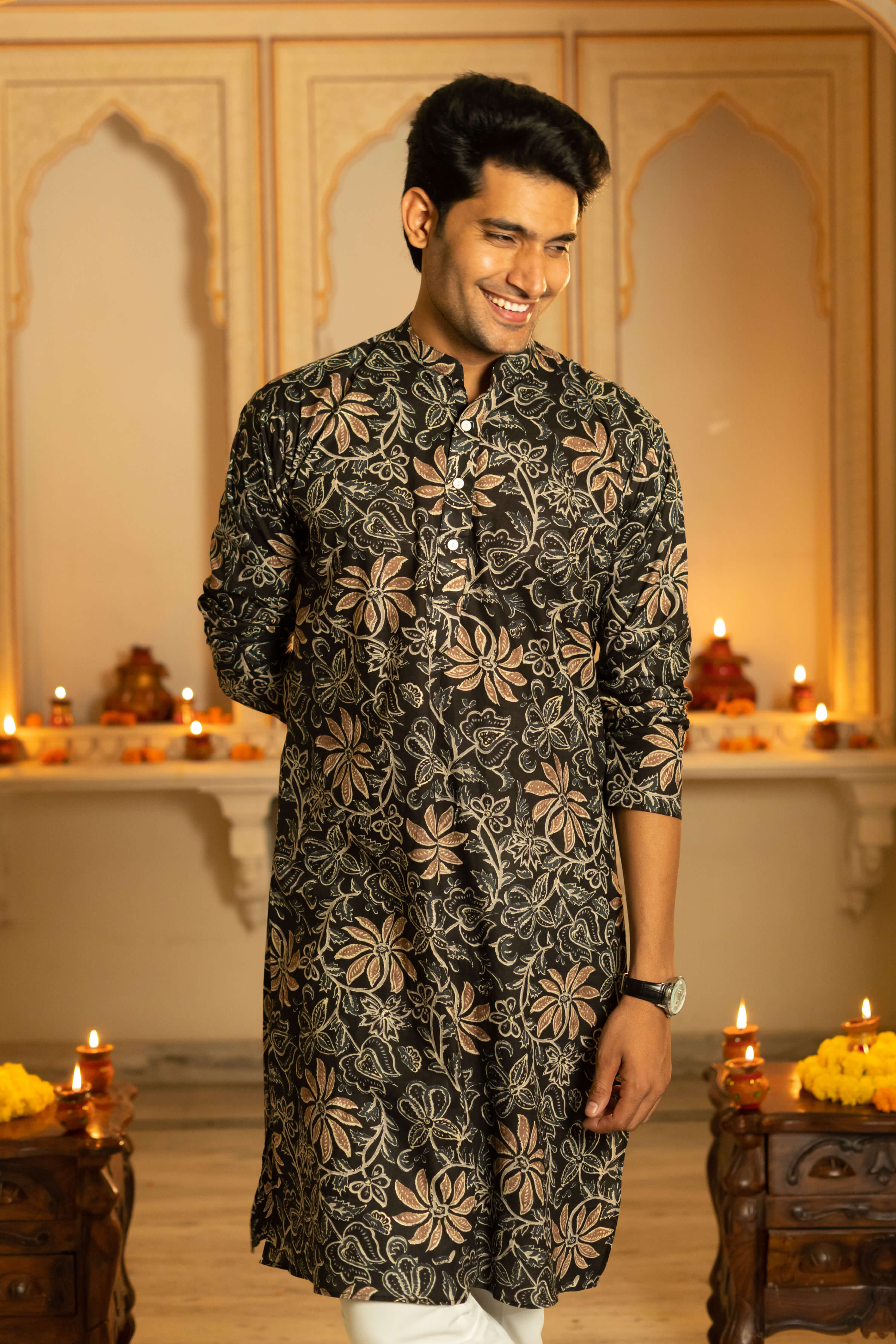 The Black Long Kurta With Brown Floral Foil Print