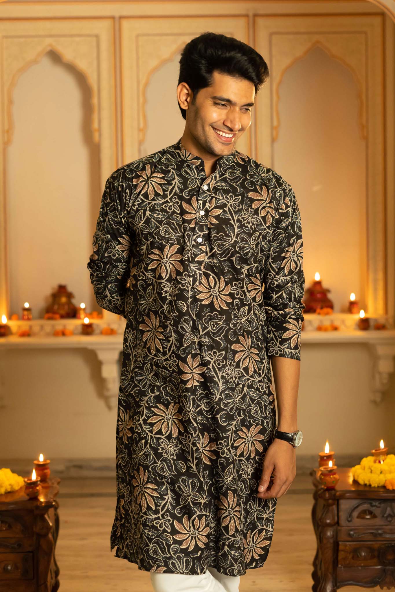 The Black Long Kurta With Brown Floral Foil Print