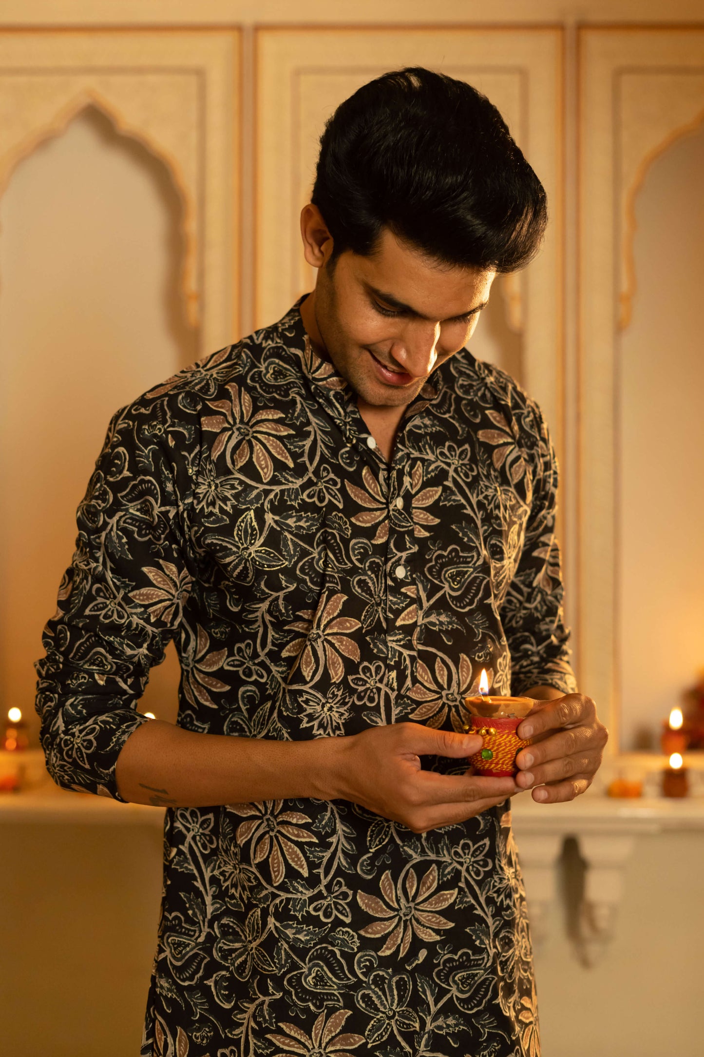 The Black Long Kurta With Brown Floral Foil Print