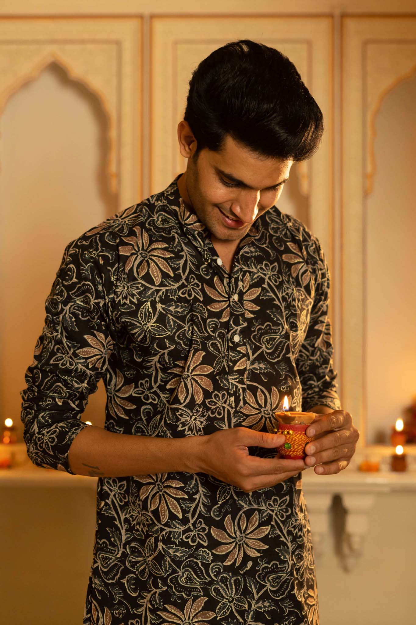 The Black Long Kurta With Brown Floral Foil Print