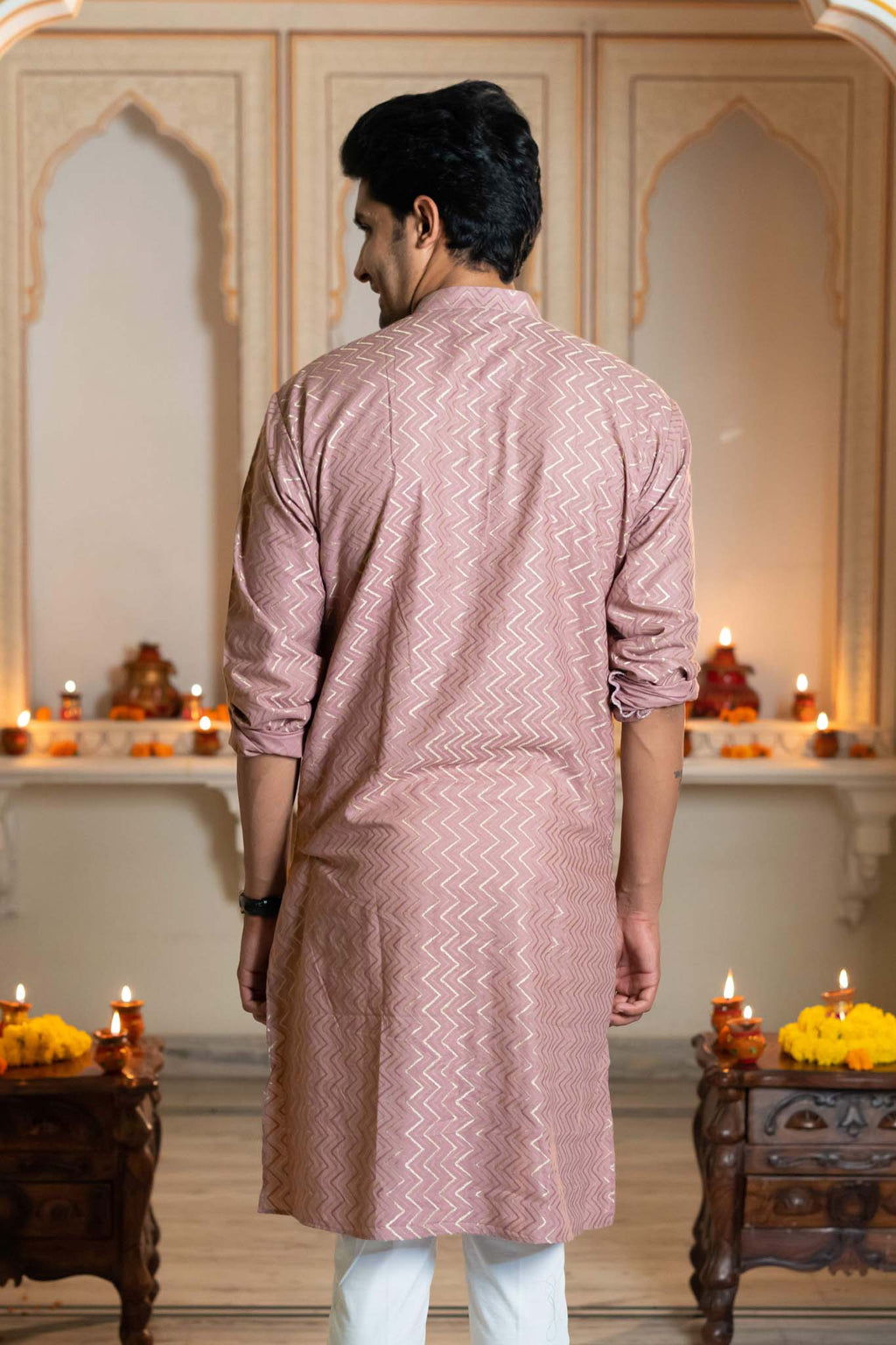 The Golden Zigzag Embroidery Work Long Kurta In Light Purple Color