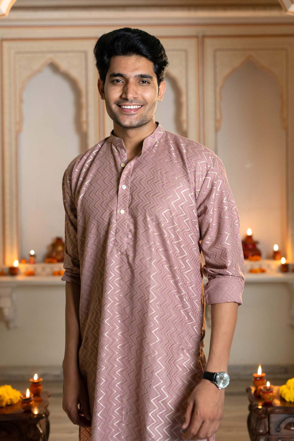 The Golden Zigzag Embroidery Work Long Kurta In Light Purple Color