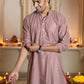 The Golden Zigzag Embroidery Work Long Kurta In Light Purple Color