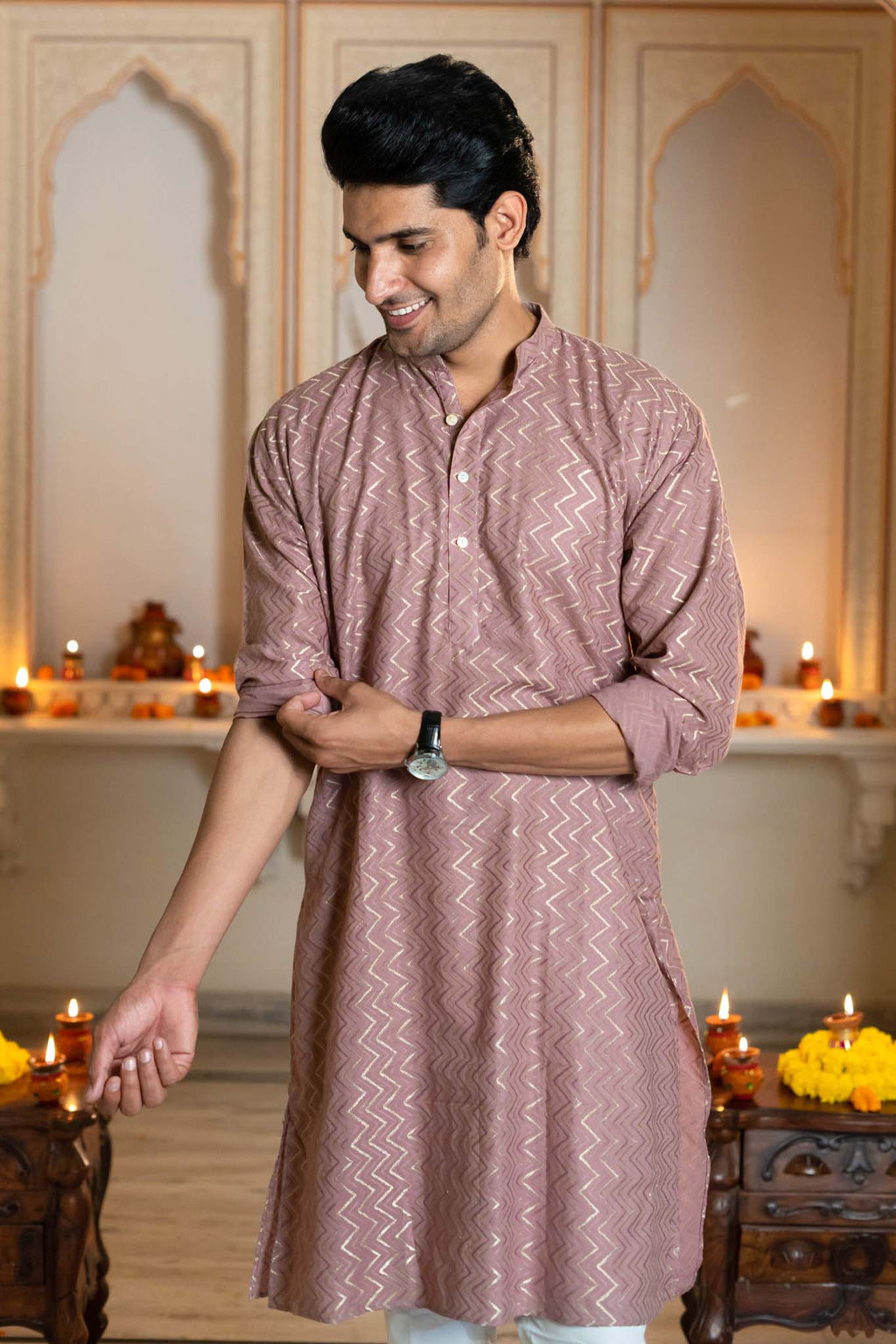 The Golden Zigzag Embroidery Work Long Kurta In Light Purple Color