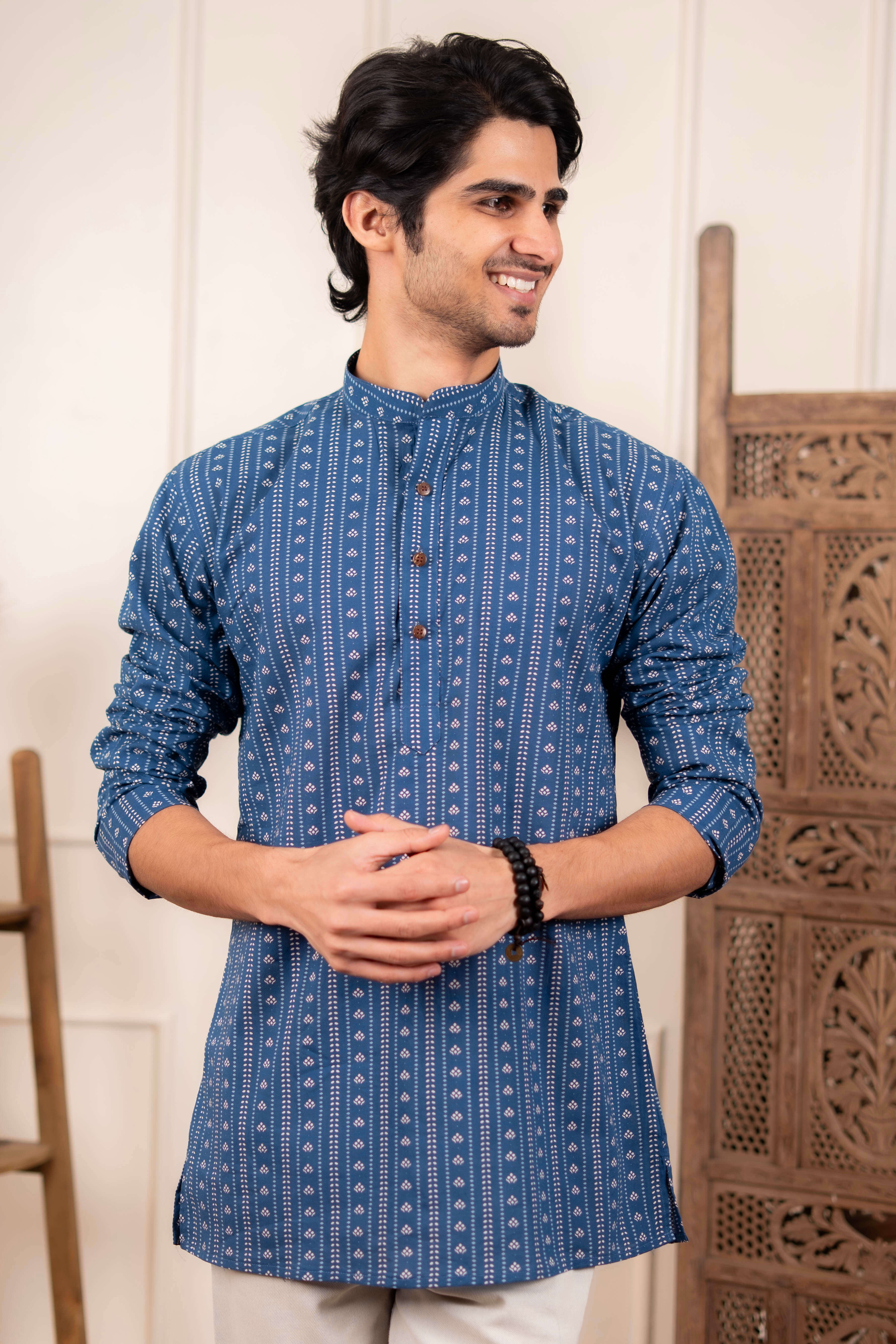 The Acquire Blue Block Print Short Kurta