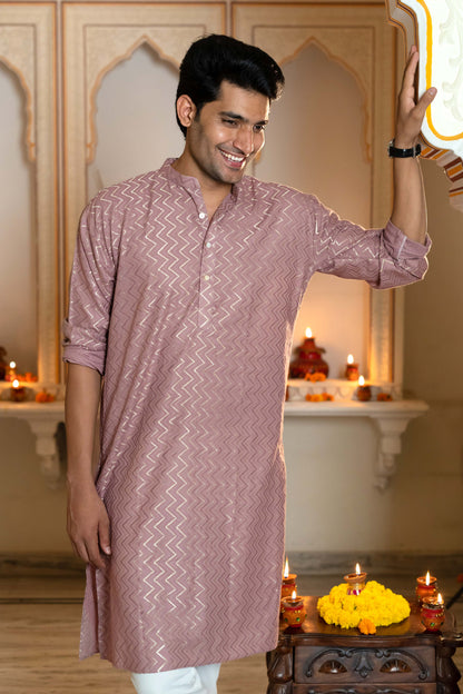 The Golden Zigzag Embroidery Work Long Kurta In Light Purple Color