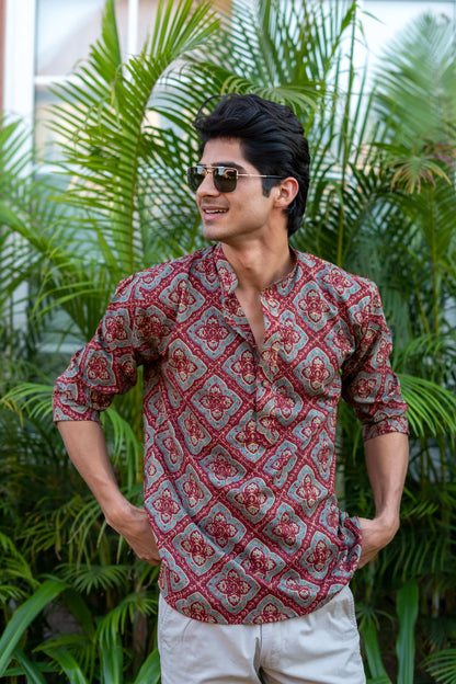 The Rusty Red Short Kurta With Ajrak Look Floral Print