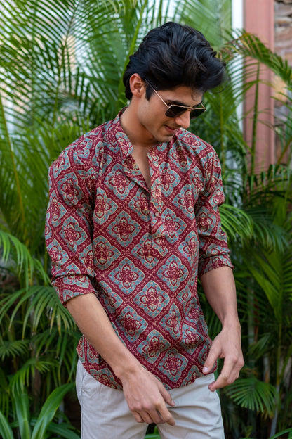 The Rusty Red Short Kurta With Ajrak Look Floral Print