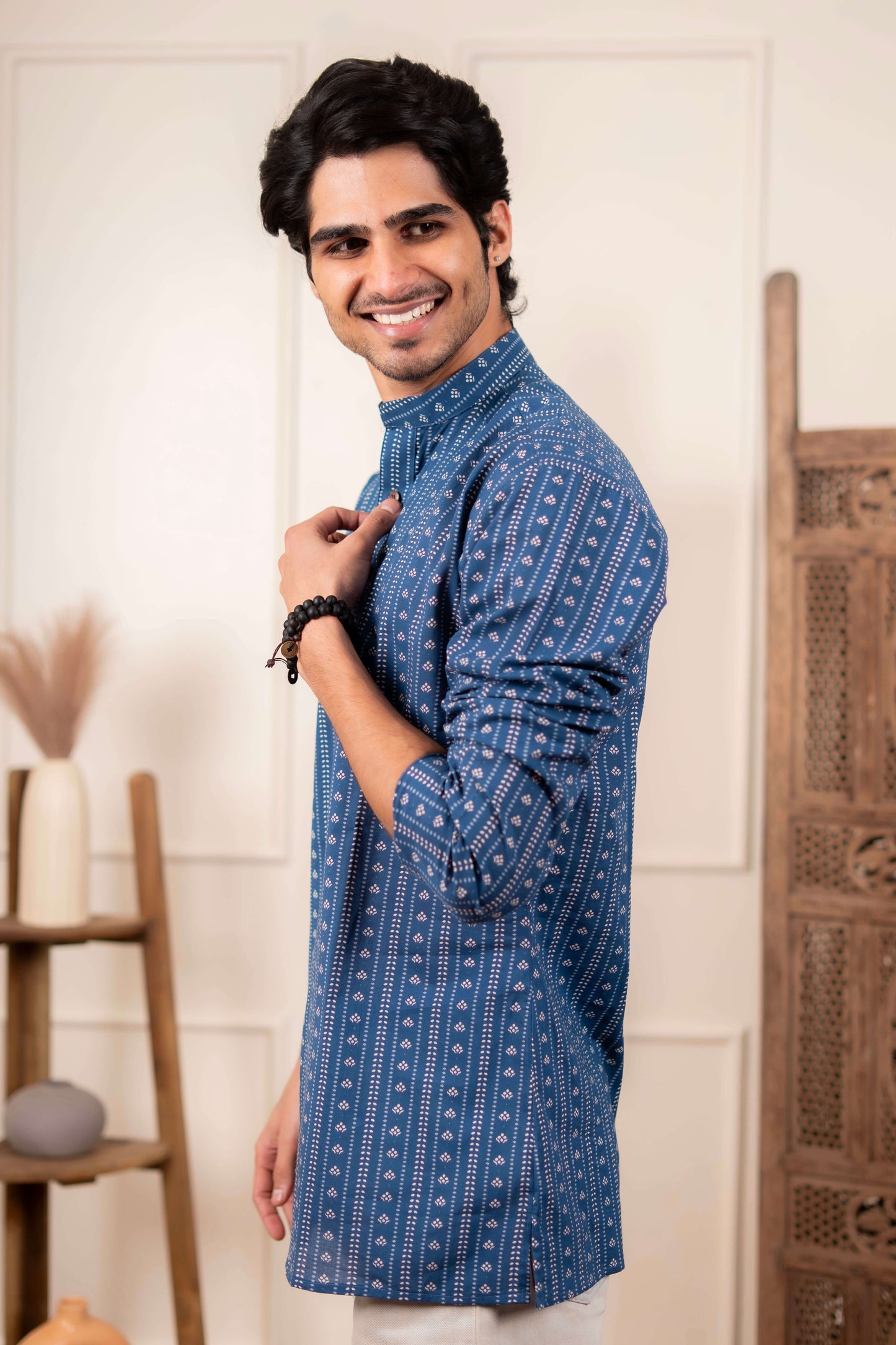 The Acquire Blue Block Print Short Kurta