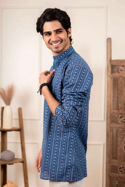 The Acquire Blue Block Print Short Kurta