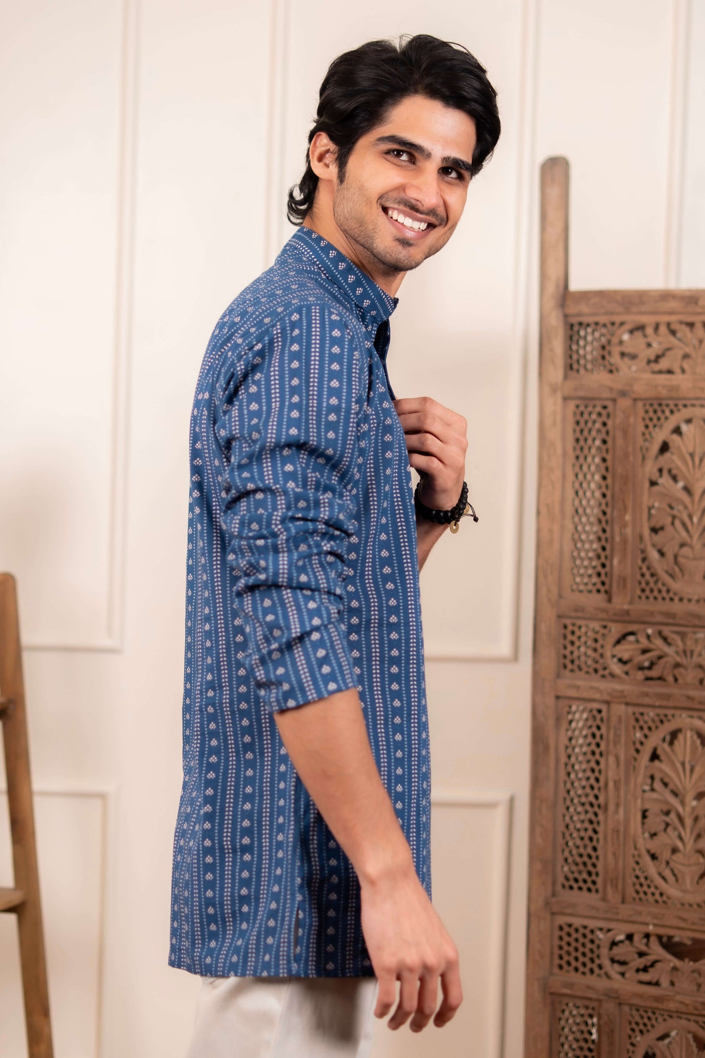 The Acquire Blue Block Print Short Kurta