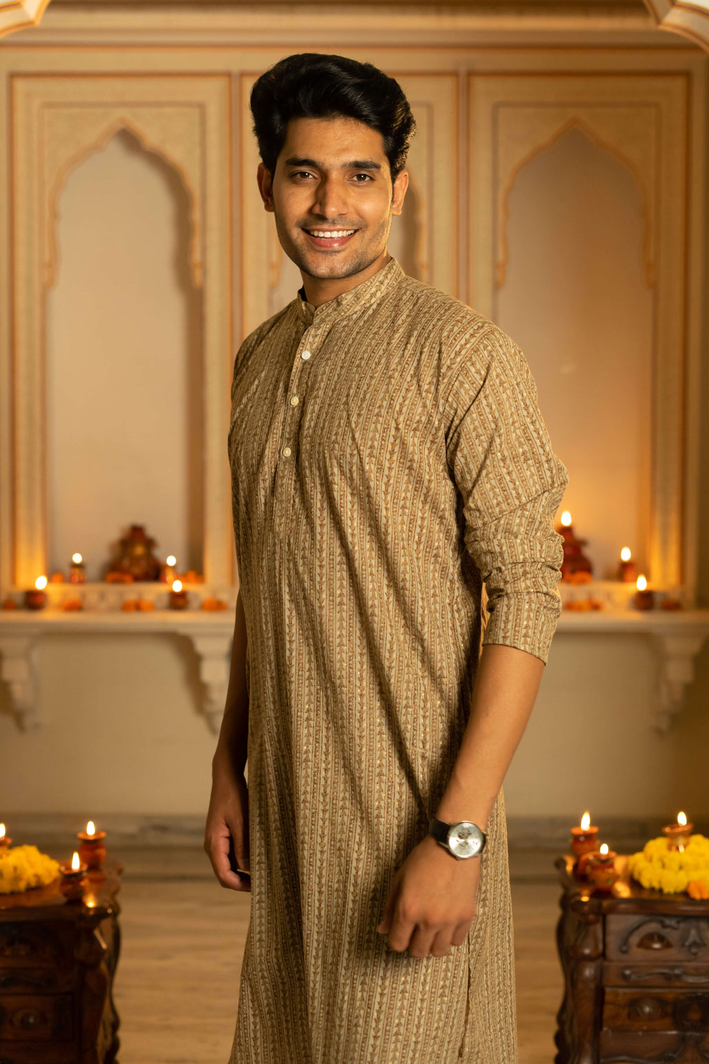 The Earthy Brown Long Kurta With Striped Tribal Foil Print
