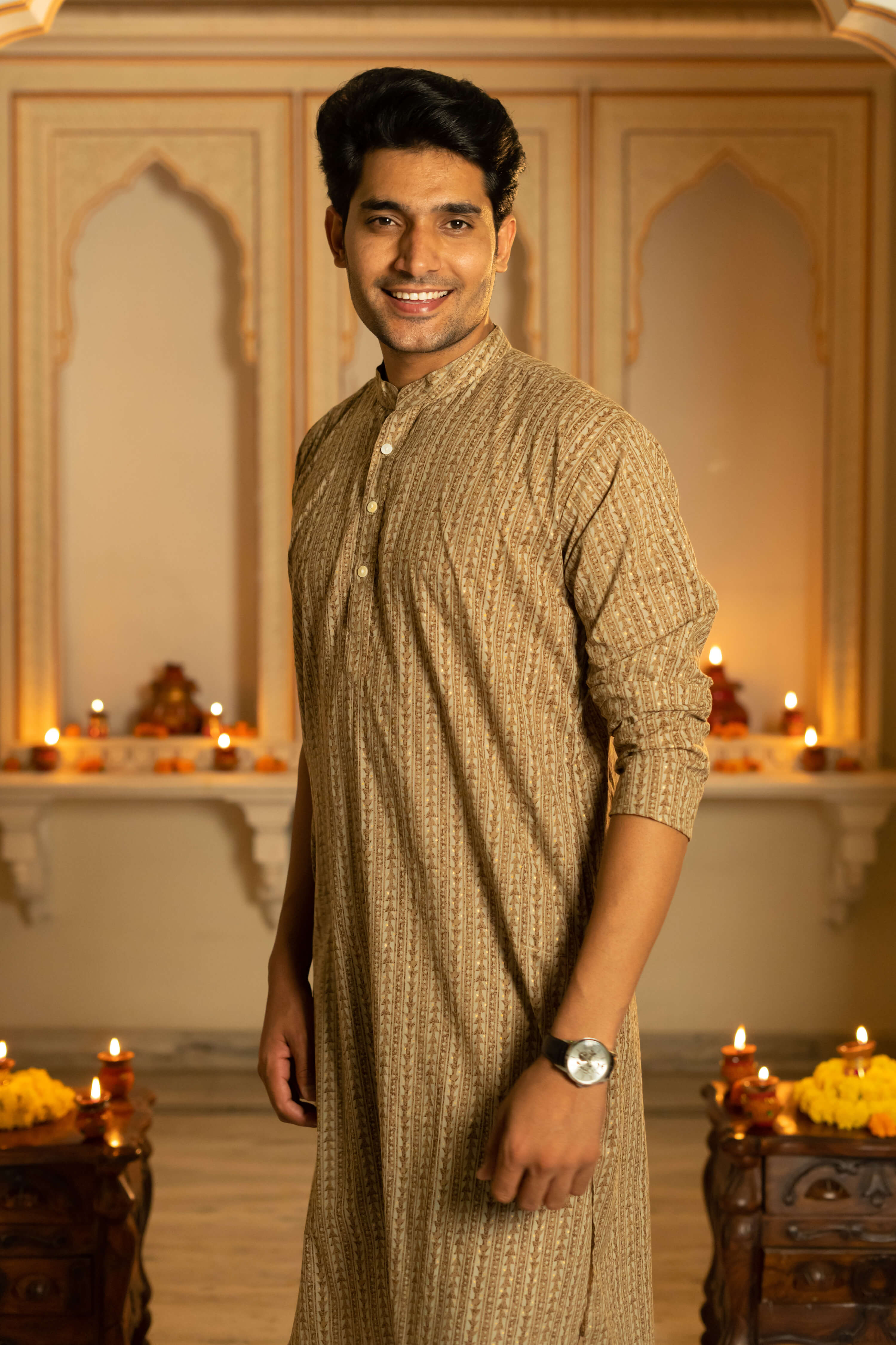 The Earthy Brown Long Kurta With Striped Tribal Foil Print
