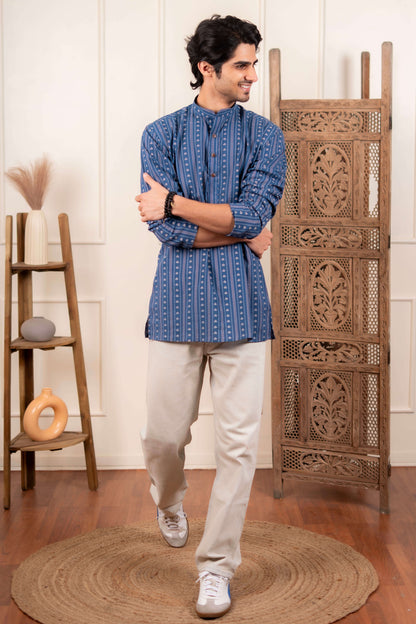 The Acquire Blue Block Print Short Kurta