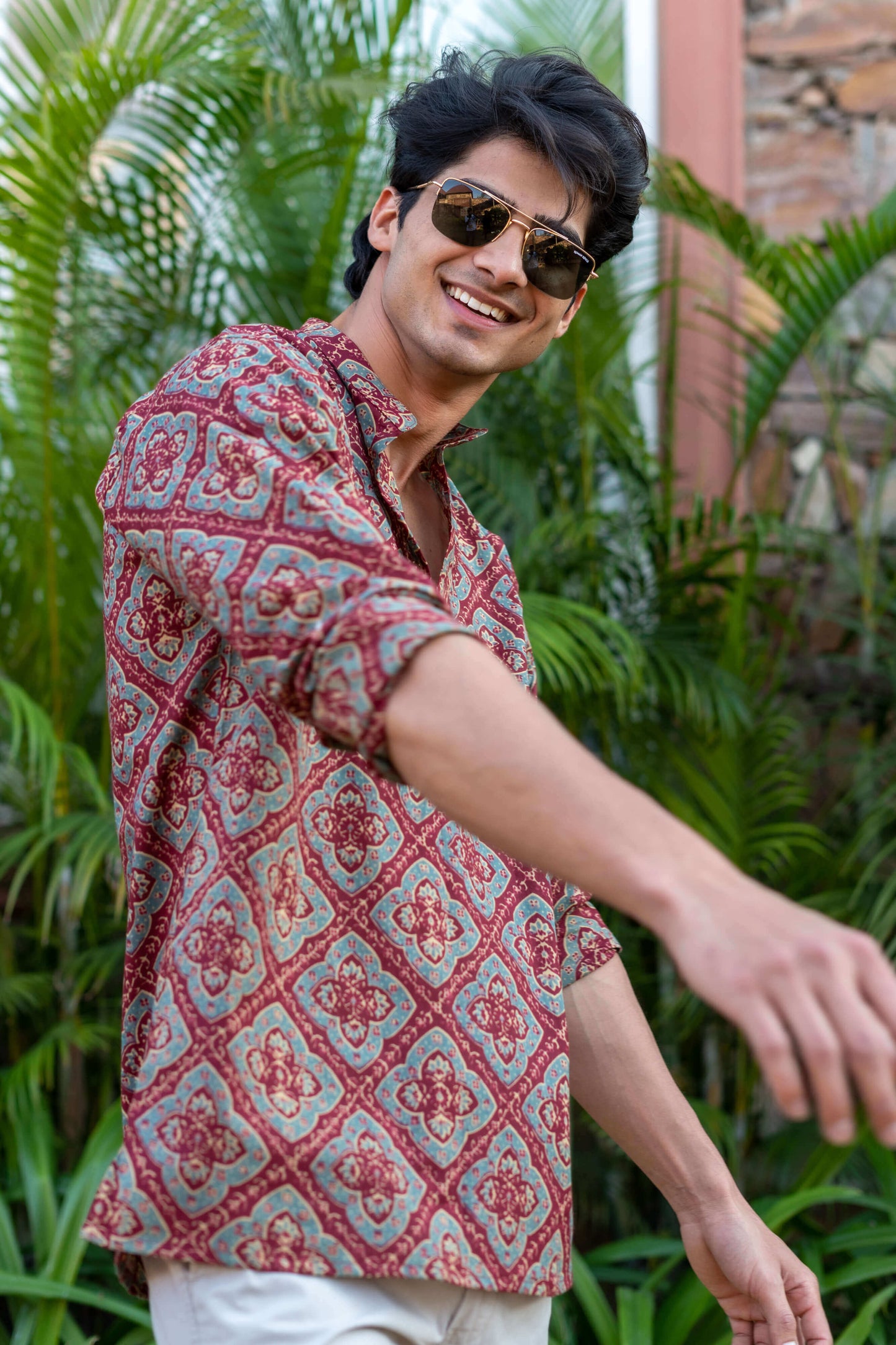 The Rusty Red Short Kurta With Ajrak Look Floral Print